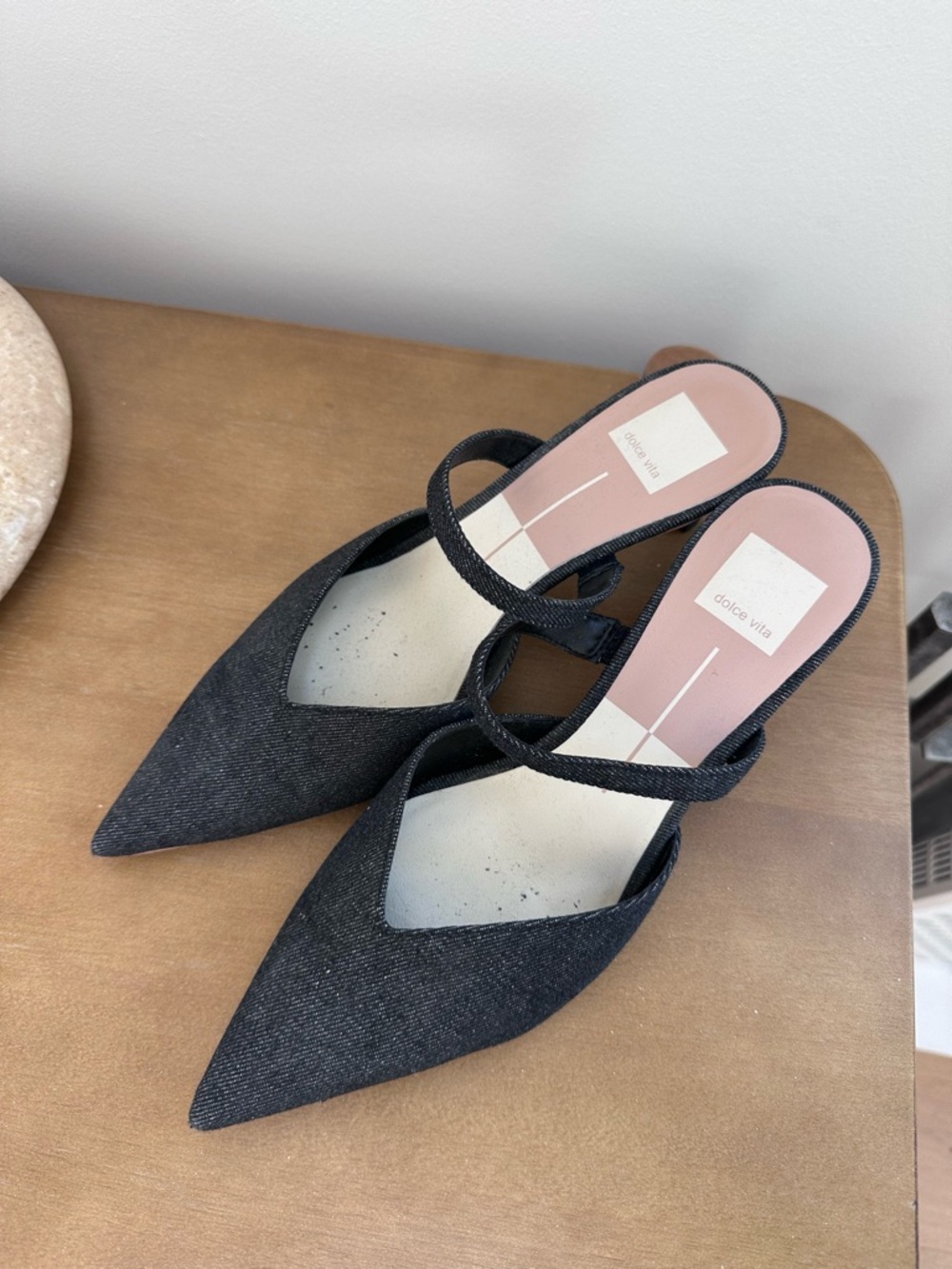 Dolce Vita Denim Pointed Toe Kitten Heel Mules - Picture 2 of 4